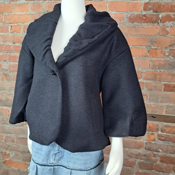 Theory Womens Short Coat Puffy Sleeves Collar Black Big Collar Wool Size S - Picture 3 of 6